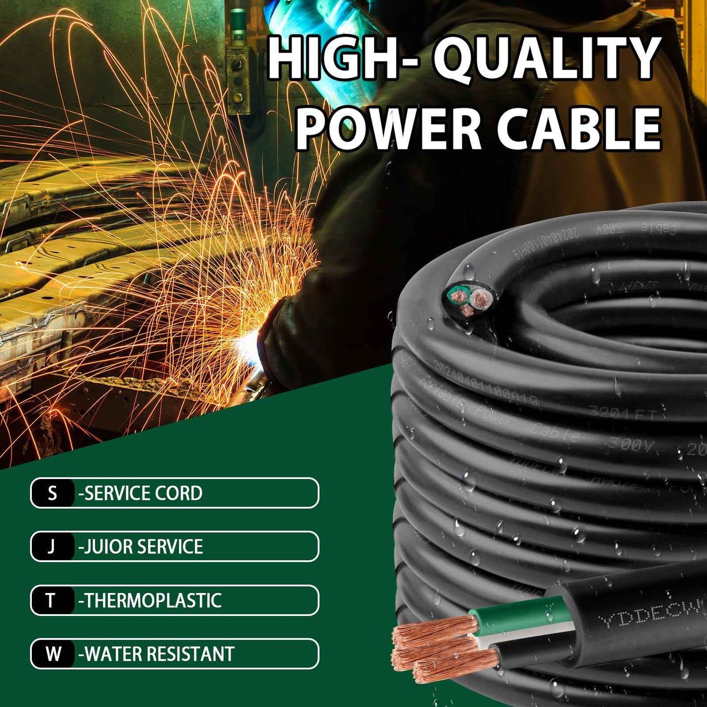 YDDECW 50ft 10/3 10 AWG SJTW 300V Wire (3 Conductor) - 10 Gauge SJTW Cable with UV-Resistant Jacket for Motor Leads, Battery Chargers and Machine - 3 Conductor - 50 Feet Electrical Wire