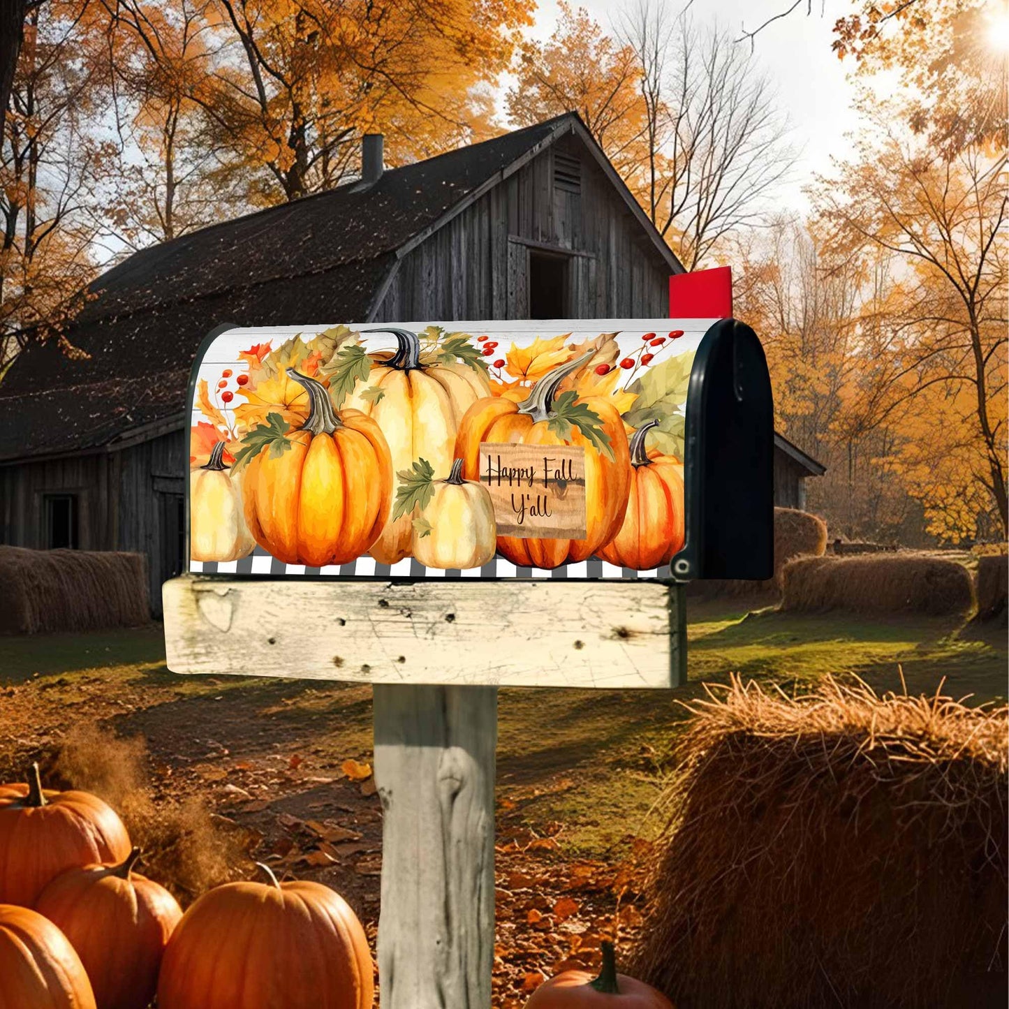 Happy Fall Y'all Pumpkin Maple Leaf Magnetic Mailbox Cover Standard Size 18" x 21" - Thanksgiving Harvest Autumn Letter Box Covers Decor for Outdoor Home Garden