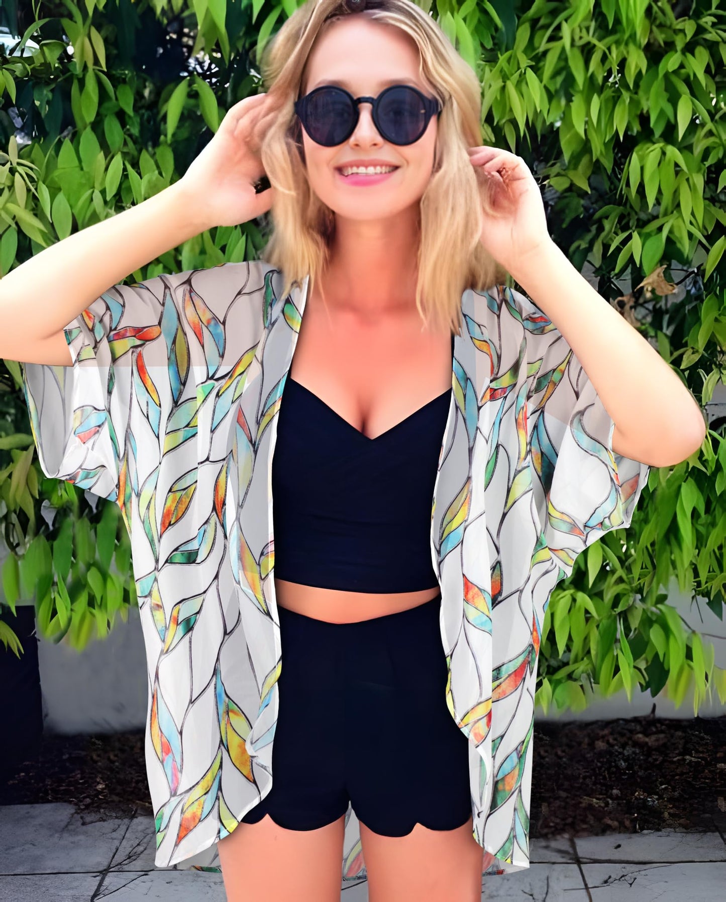 Womens Short Cardigans Casual Cover Up Open Front Kimono Tops Bathings Suit Shawl (White Colorful Leaves,L)