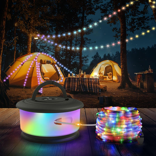 TOHETO Camping String Lights, 3 in 1 Upgraded Retractable RGB Outdoor String Lights with 19 Lighting Modes, Quick 30s Recovery, 32.8 FT Portable Tent Lights, Rechargeable Camping Lantern (Black)