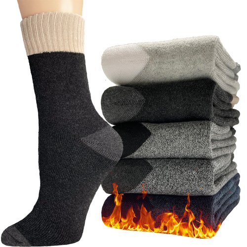 Josnown Thermal Wool Socks Mens 5 Pairs Thick Warm Winter Soft Cozy Hiking Boot Socks for Cold Weather, Size 7-12