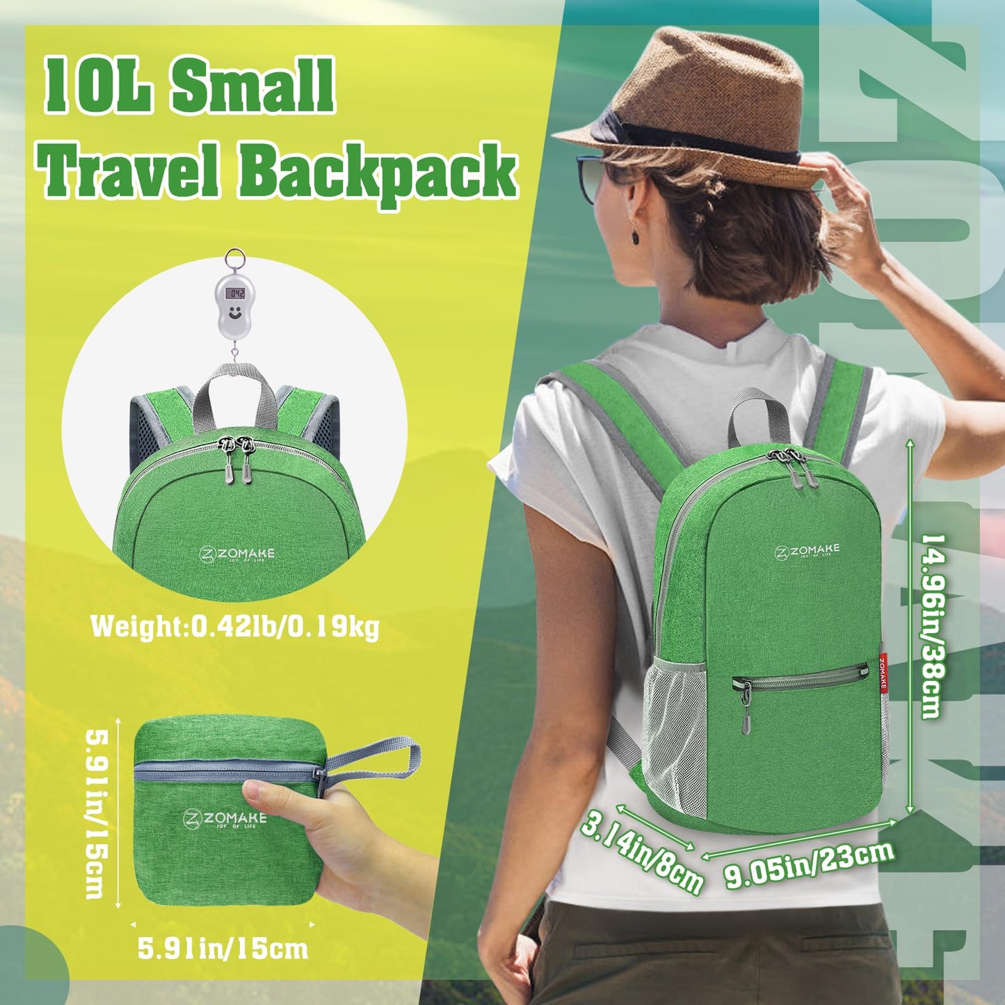 ZOMAKE Lightweight Packable Backpack 10L(Dark Green-A5)