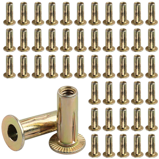 AOKLIT 50 Pcs Multi Grip Rivet Nut Kit, 1/4-20 Rivet Nuts Carbon Steel Pre-Bulbed Shank Color-Zinc-Plated Flat Head Threaded Insert Nut