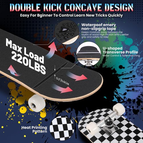 ANYFUN Pro Complete Skateboards for Beginners Girls Boys Kids Youths Teens Adults 31"x8" Skate Boards 7 Layers Canadian Maple Double Kick Deck Concave Longboard (Checkerboard)