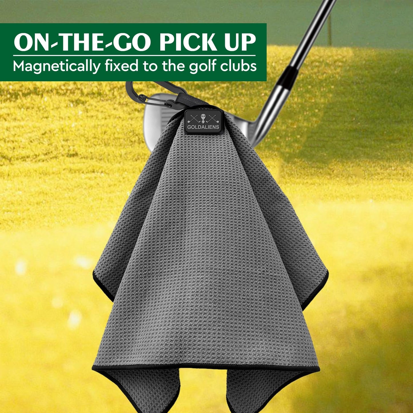 GOLDALIENS Magnetic Golf Towel for Men and Women with Clip,Printed Microfiber Waffle Design,Super Magnets Attached to Metal Landing Pads for Golf Carts, Clubs and Golf Bags, for Golfers
