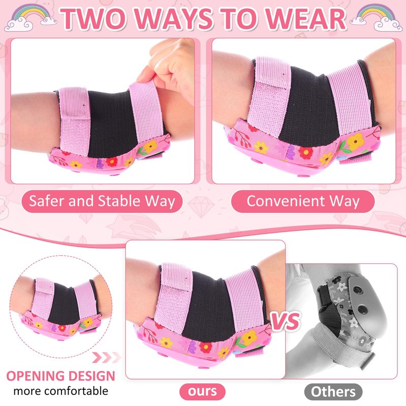 Saysurey 14 Pcs Kids Bike Helmet Knee Pads Knee Elbow Pads for Toddlers 3 to 8 Years Pink Helmet for Girls Wrist Guards with Drawstring Bag Sock Whistle and Hairpin for Skating Cycling(Flowers)