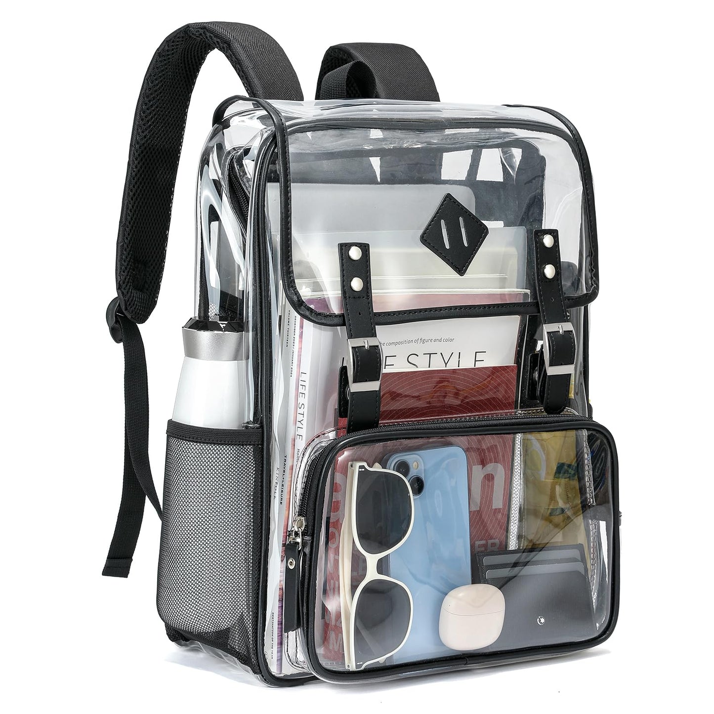 NEOREAL Clear Backpack Large Capacity Heavy Duty Transparent PVC Backpack with Leather Trim for Women College Work Travel