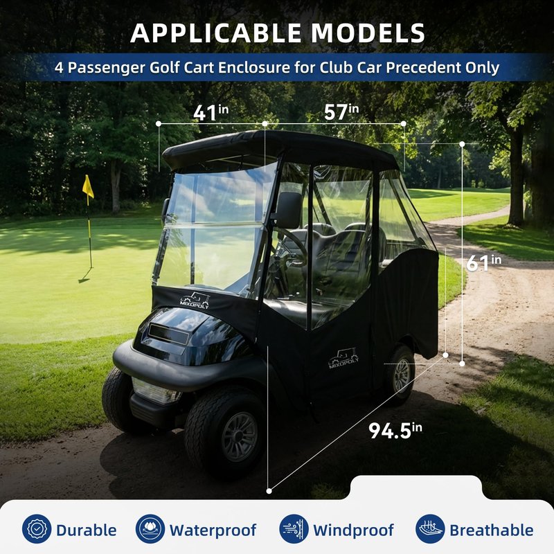 Mixopoly 4 Passenger Golf Cart Enclosure for Club Car Precedent 2+2 Seater with Short Roof 58 inch, 4-Sided Clear Window 600D Rain Cover Waterproof Windproof Snowproof and All-Weather Protection