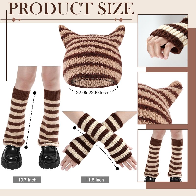 Mepase 8 Pcs Y2k Grunge Cat Beanie with Therian Leg Covers, Emo Gothic Fingerless Knitted Gloves and Necklace