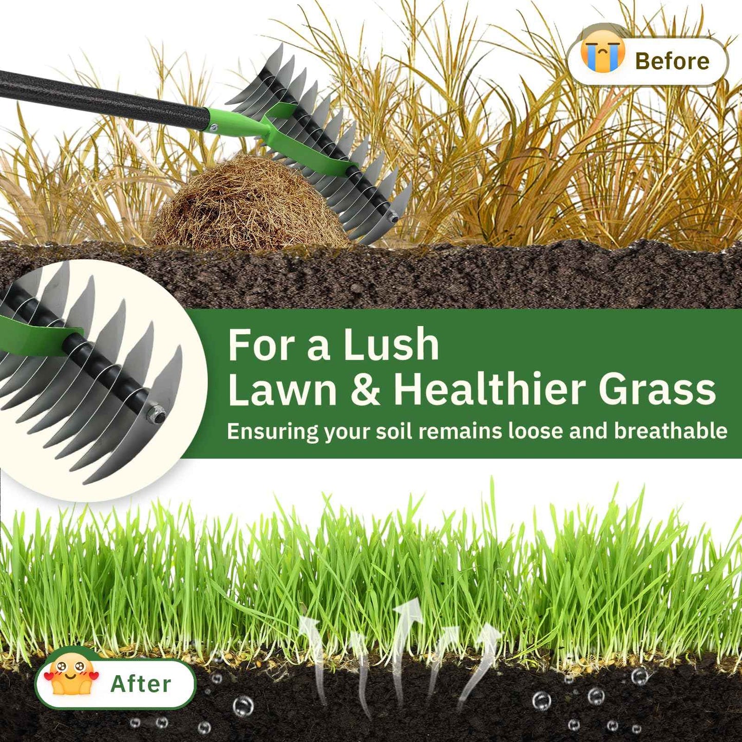 Thatch Rake, 13" Wide Efficient Dethatcher Rake with 55" Adjustable Long Handle, Heavy Duty Steel Metal Dethatching Rakes for Cleaning Dead Grass, Loosening Soil, Lawn Care in Yard Garden