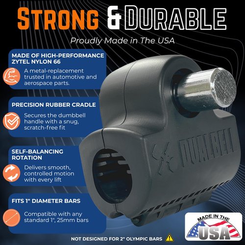 DUALBELL Dumbbell Barbell Converters- Pair Black w/black weight collars for 1", 25mm bar- Connect Dumbbells to 1" standard diameter bar, barbell adapters to replace weight plates- 250lb capacity