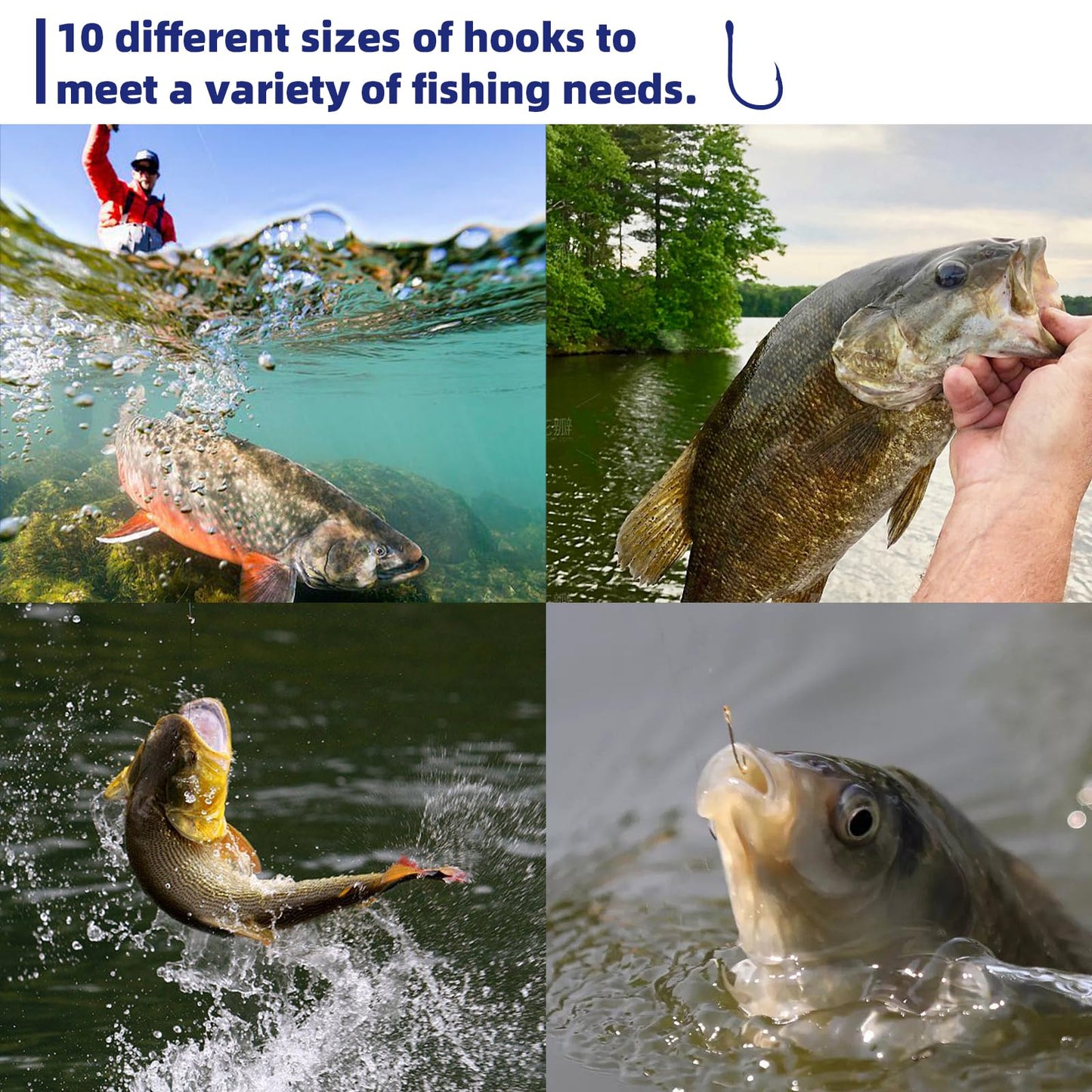 UCEC 500pcs Fishing Hooks Set Freshwater Saltwater High Carbon Steel 10 Different Sizes Small Fishing Hooks in a Plastic Box for Catfish Trout Bait Fishing Color Gold
