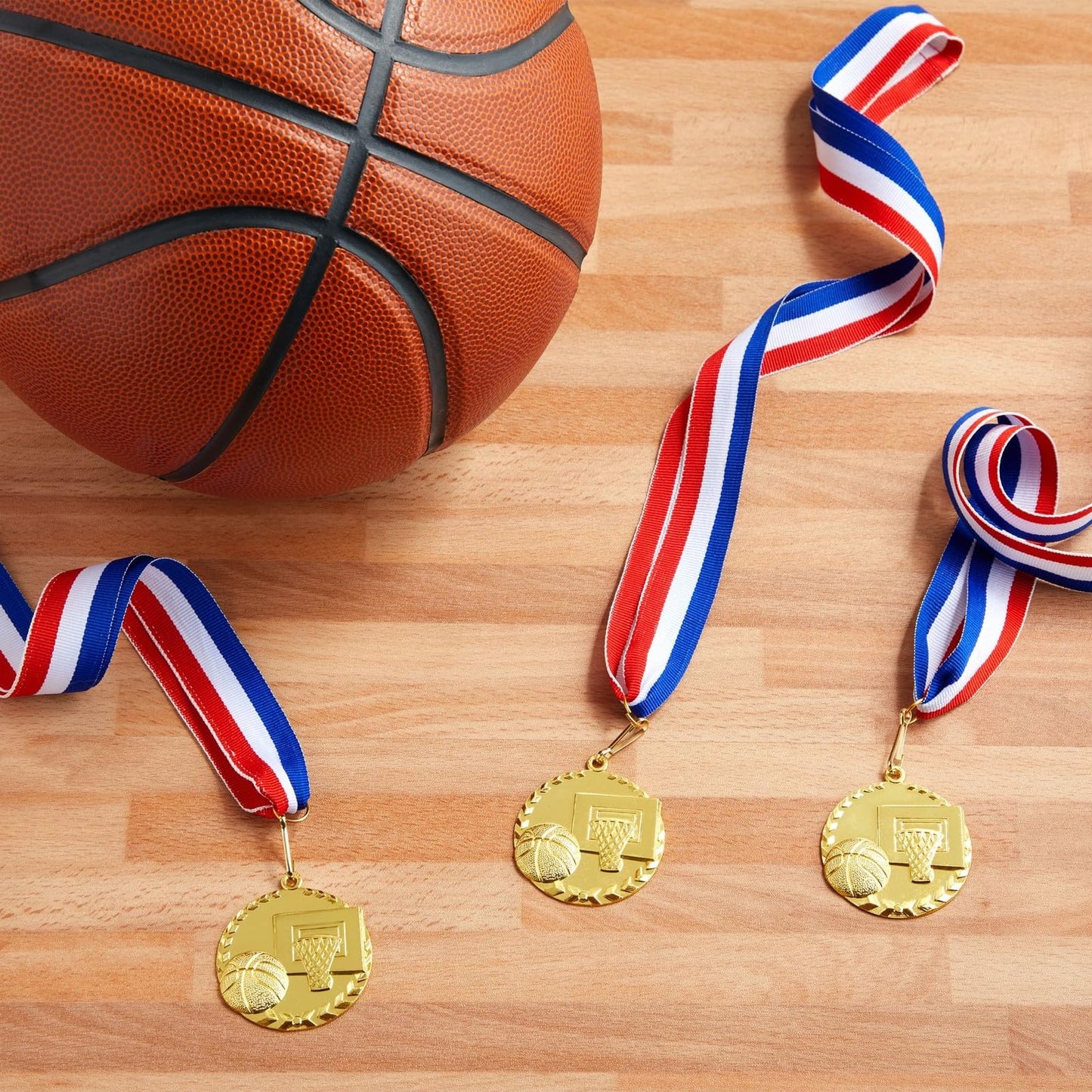 Juvale Basketball Medals for Kids & Adults - 12-Pack, 2" Gold Zinc Alloy & 15.5" - Red, White & Blue Ribbon - Medals for Awards