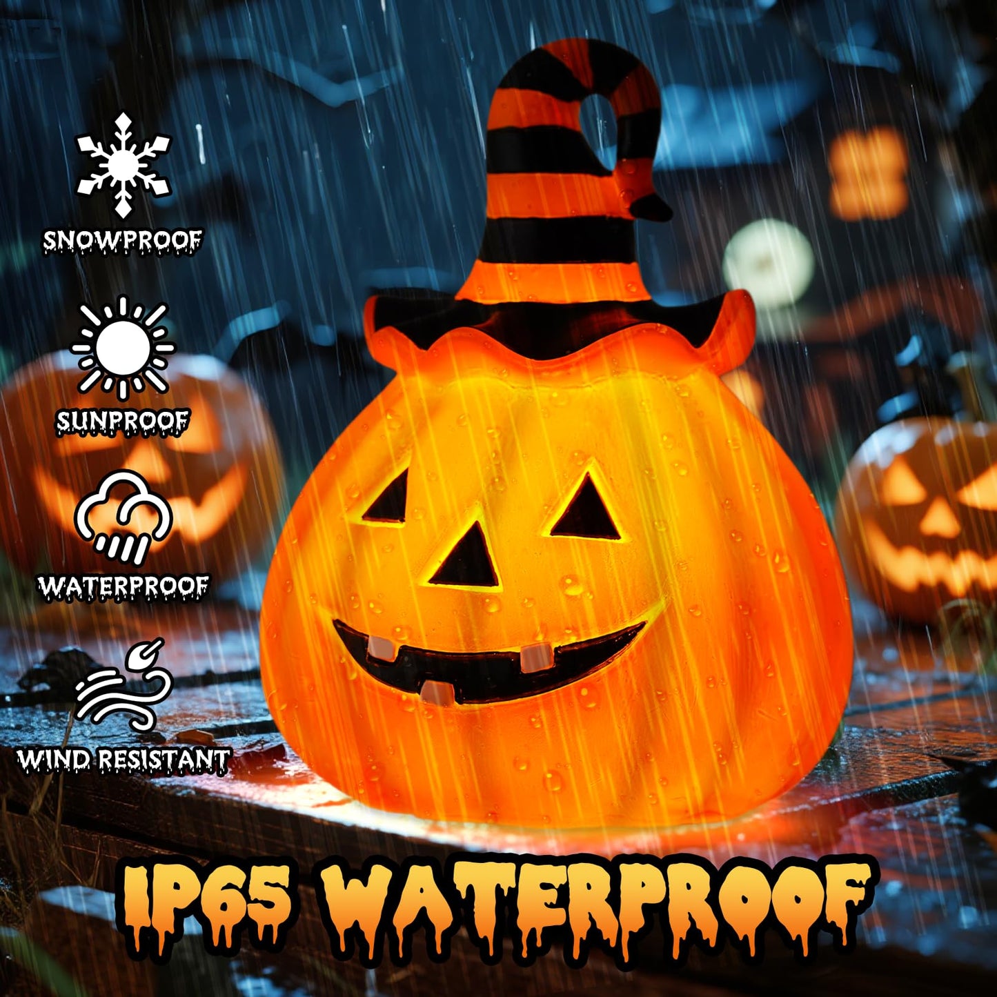 Halloween Pumpkin Decorations Outdoor Solar Lights – Jack O Lantern Garden Statue with Witch Hat, Waterproof Resin Pumpkin Decor for Yard, Patio & Pathway, Fall Decorations