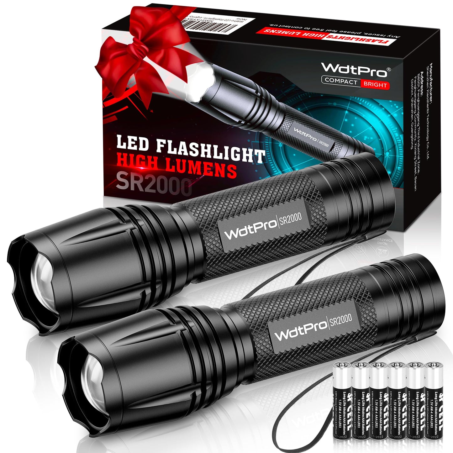 WdtPro LED Flashlight High Lumens SR2000 Pro, 4 Pack Brighter Tactical Flashlights with 5 Modes & Zoomable, Powerful Mini Flash Light for Emergency, Camping, Hiking (Black)