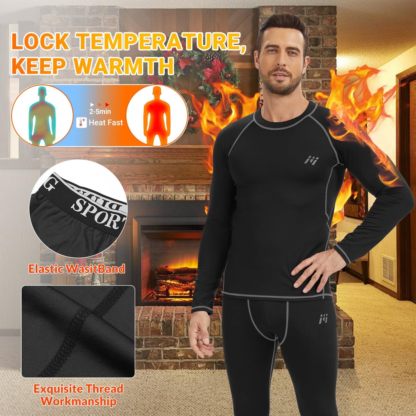 MeetHoo Men Thermal Underwear Set Long Johns with Fleece Lined Base Layer Men Cold Weather Top Bottom for Skiing Running