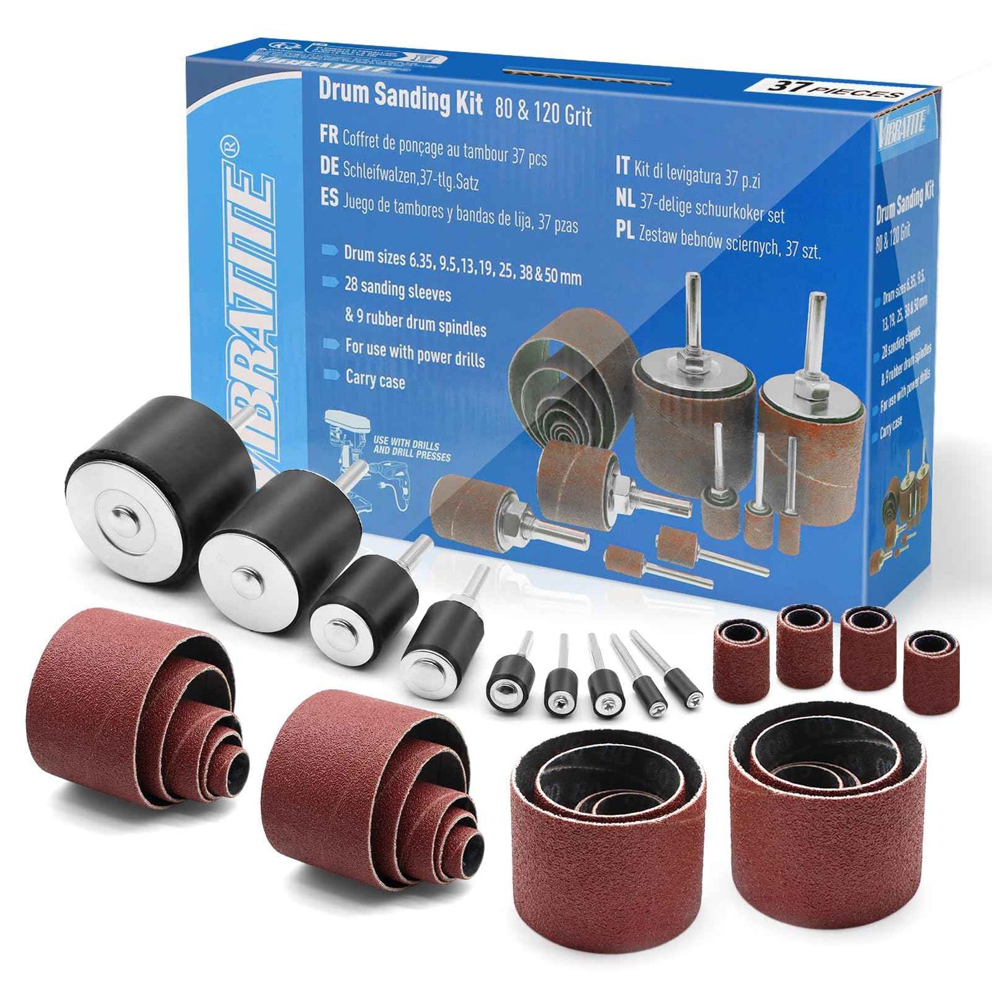 VIBRATITE 37 Pieces Drill Press Sanding Drum Kit, 80 and 120 Grit Spindle Sander Sleeves with Tool Carrying Case for Rotary Tools, Power Drill, Woodworking, Paint, Metal Surfaces Polishing Jobs