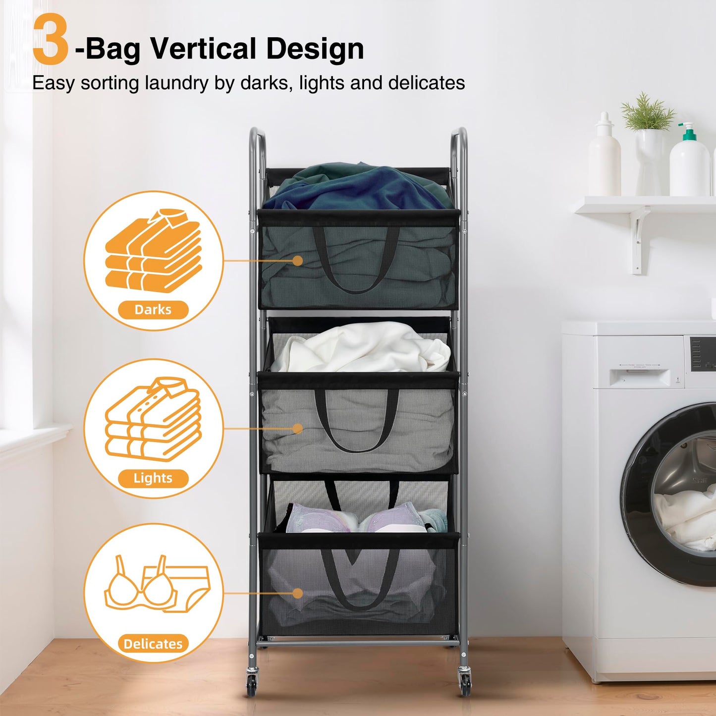STO STO 3-Tier Vertical Rolling Laundry Hamper, Removable Bags, Black Mesh