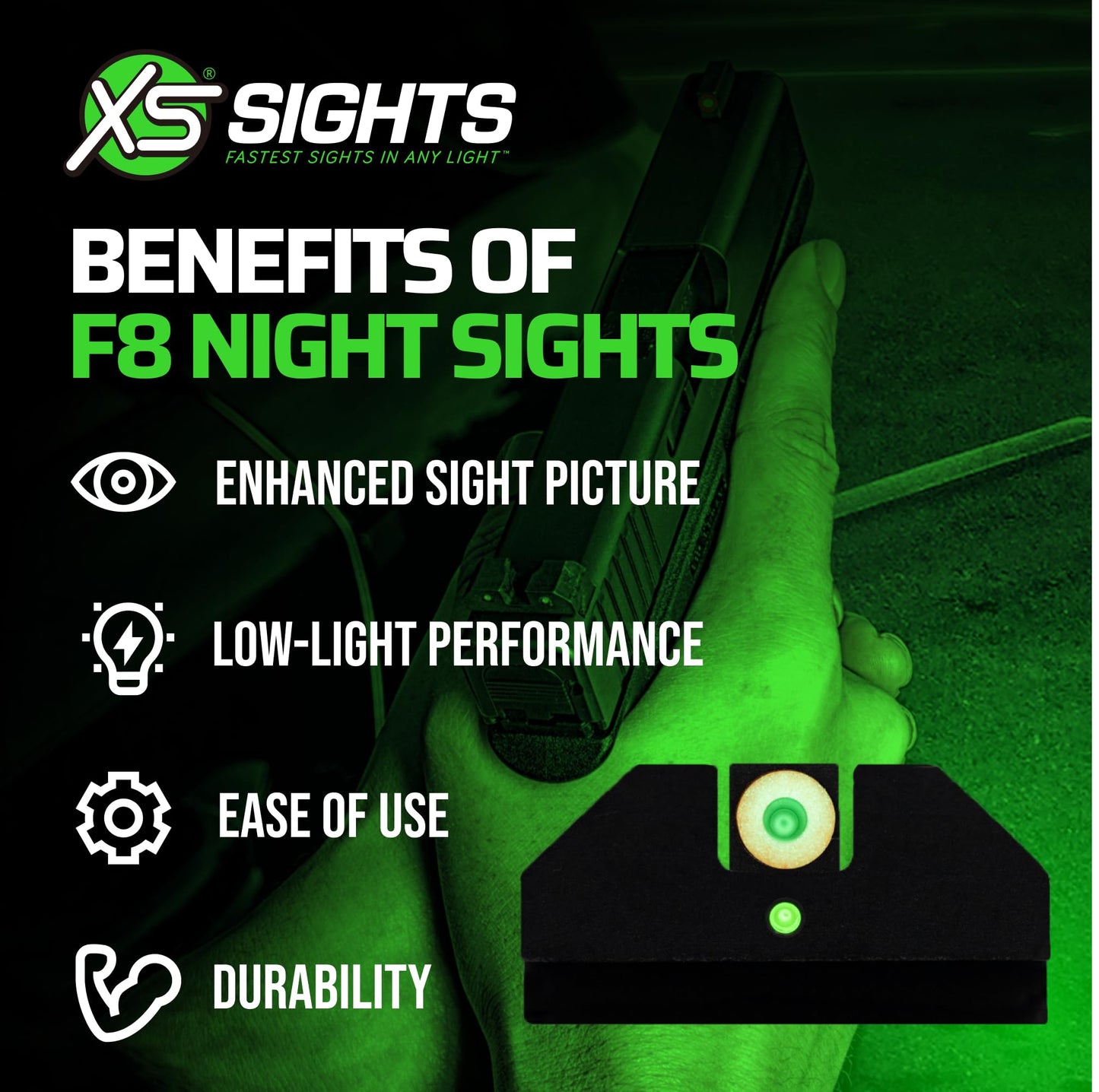 XS Sights F8 Night Sight for Pistols, Fast Acquisition, Wide U-Notch Rear Sight, High Visibility, Easy Alignment, Fits Sig P320, P365, P225, P226, P229, Springfield Hellcat (Not OSP),XD, XDM & XDS