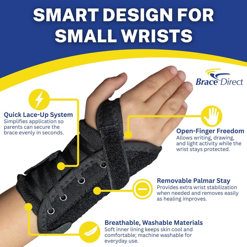 Brace Direct Kids Lace-Up Wrist Brace for Sprains Strains Carpal Tunnel De Quervain's - Pediatric Support Splint for Youth Injury Recovery - Ages 18M-7Y - RIGHT WRIST (Circumference 4-5.5")