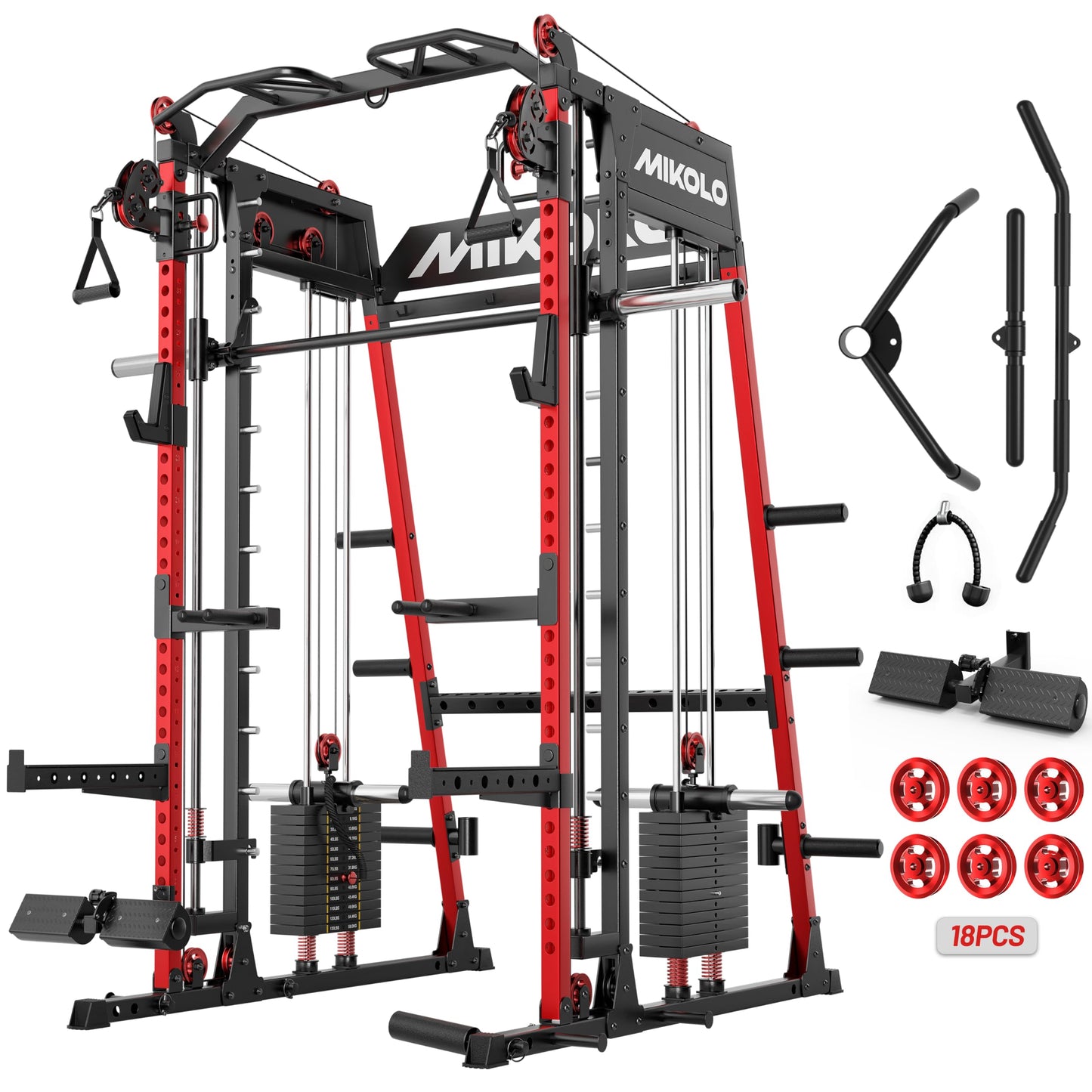 Mikolo M4 2.0 Elite Smith Machine with Weight Stack, All-in-One Home Gym Power Cage with LAT Pulldown & Cable Crossover, Squat Rack for Full Body Workouts (Red)