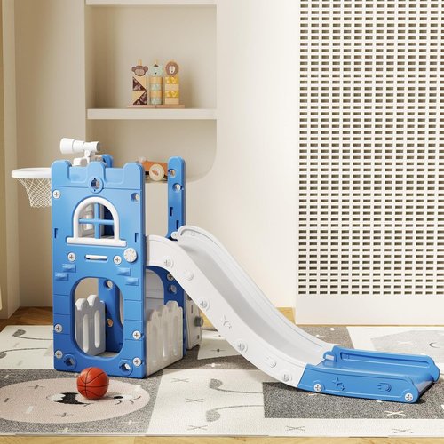 LulliSpace 6-in-1 Toddler Slide - Indoor/Outdoor Climber with Storage, Telescope & Basketball Hoop - Blue