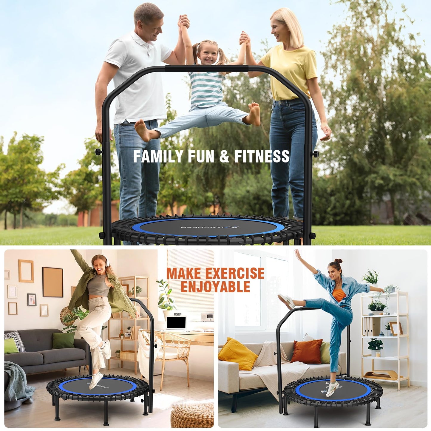 ANCHEER 40" Foldable Rebounder Trampoline for Adults/Kids with Resistance Bands and Bungees, Fitness Home, Indoor & Outdoor Mini Trampoline with Bar and Safety Padding - Max Load 330lbs (Blue)
