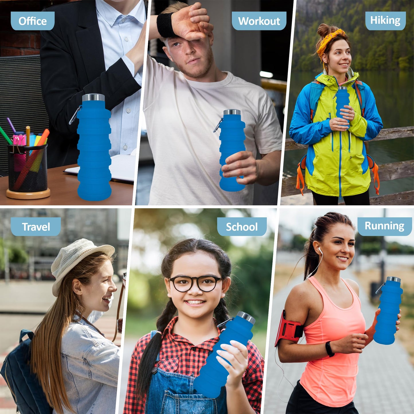 vadoworld Collapsible Water Bottles 17oz, Odorless BPA-Free Silicone, Leak-Proof Foldable Reusable Bottle - Perfect for Travel Sports Gym Hiking Camping Cycling - Light Blue