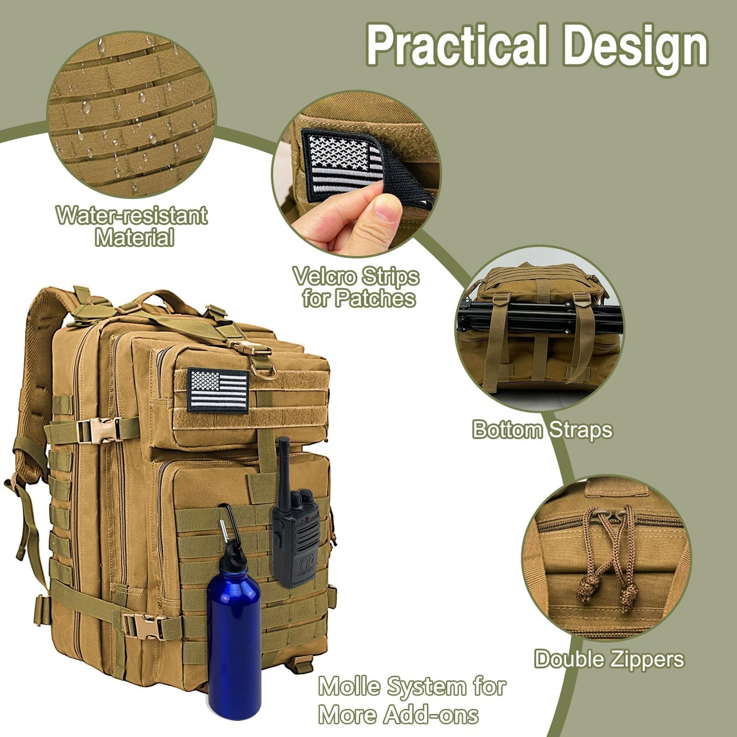 WOLT Military Tactical Backpack for Men 45L Molle Backpack 3 Day Assault Pack Bug Out Bag, Heavy Duty Rucksack for Hiking Gym(Khaki)