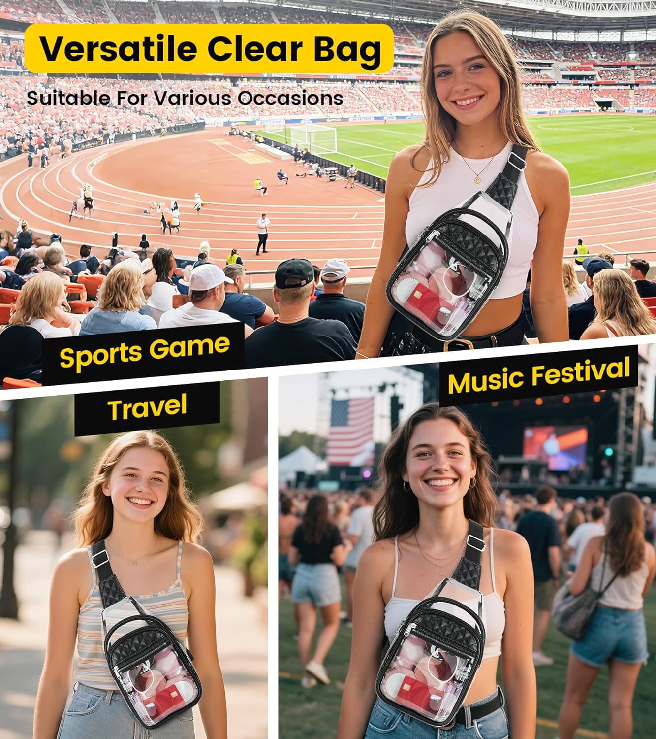 Vorspack Clear Bag for Stadium Events - Crossbody Bag for Women Clear Stadium Bag for Concerts Sports Festivals
