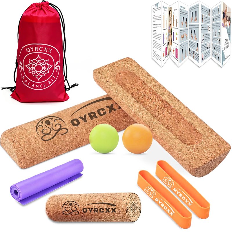 Cork 4-in-1 Balance Board Kit with Massage Roller & Ball, Toe Resistance Bands, Storage Bag & Exercise Guide - Plantar Fasciitis Recovery, Physical Therapy, Prevent Falls & Enhance Mobility