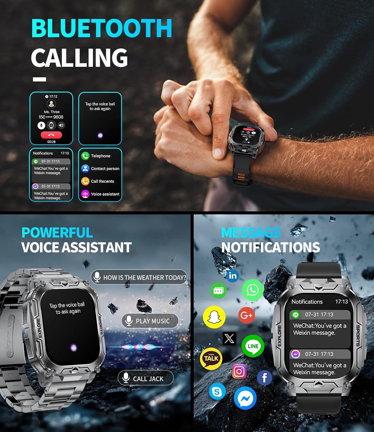 TX12 Smart Watch - Military Fitness Tracker with 100+ Sports Modes | 2.01'' HD Display, IP68 Waterproof, Black