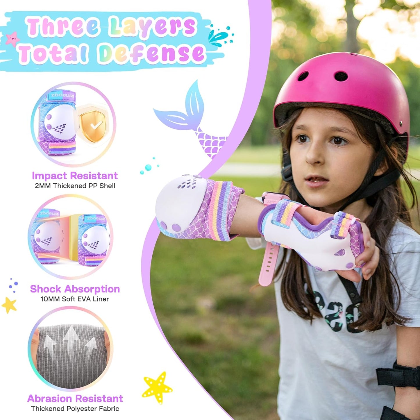 ZOOBLISS Kids Protective Gear Set - Toddler Knee and Elbow Pads with Wrist Guards for Skating | Rainbow