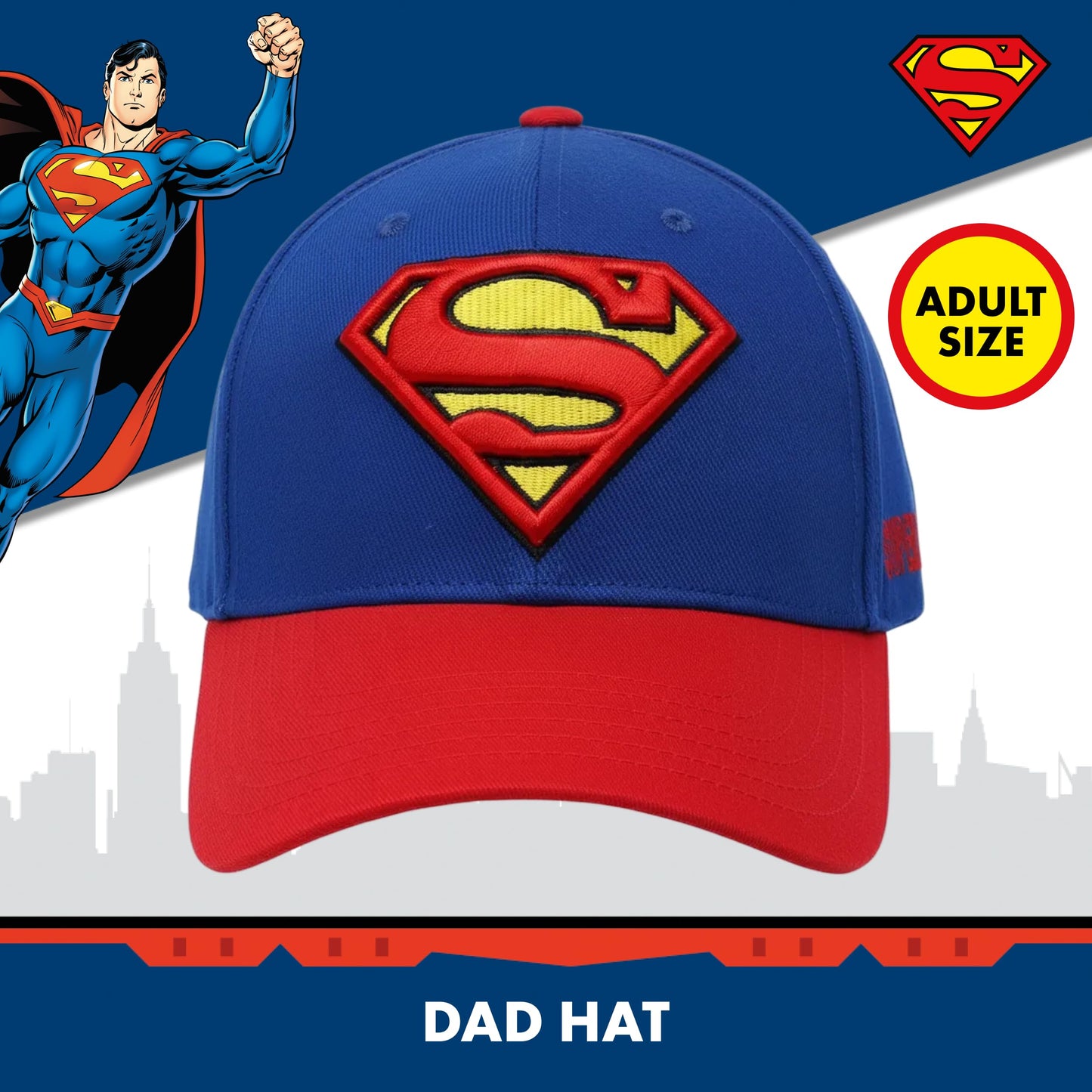 DC Comics Superman Baseball Cap, Adult Adjustable Snapback Hat with Flat Brim for Men and Women, Embroidered Logo, Navy, One Size