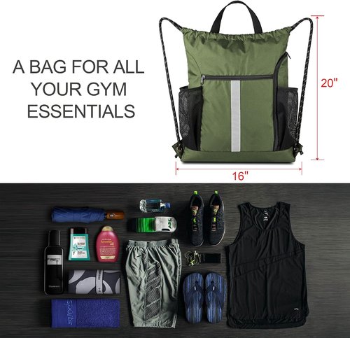BeeGreen Moss Green Drawstring Bag - Heavy-Duty Sport Cinch Sack with Shoe Compartment & Mesh Pockets