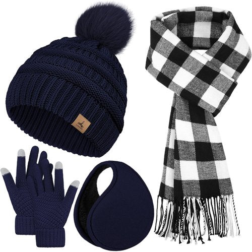 Winter Scarf Hat Earmuffs Gloves, Navy Blue Ear Warmer Knitted Beanie Touch Screen Gloves Check Warm Scarf for Women Winter