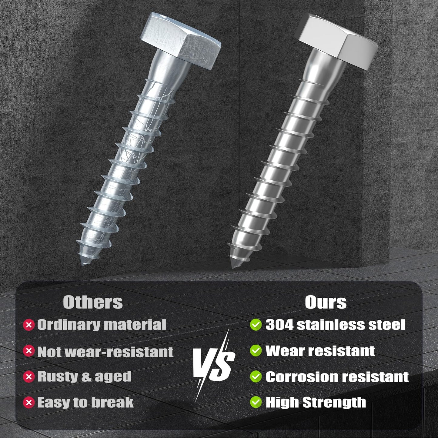 VGBUY 3/8" x 1-1/2" Hex Head Lag Screws 14Pcs, 304 Stainless Steel 18-8 Lag Bolts Wood Screws Heavy Duty Large Screws for TV Mounts, Deck, Boat Repair