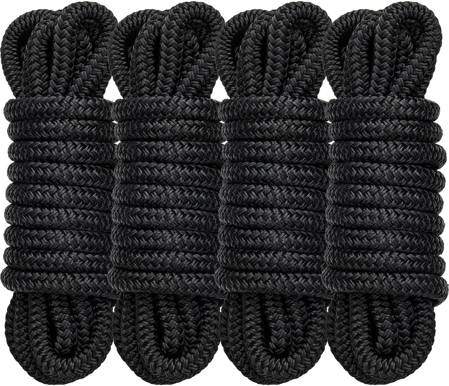 Premium Marine-Grade Dock Lines by [Brand Name] | 4 Pack 1/2" x 15’ Double Braided Nylon with 12" Eyelet - Black