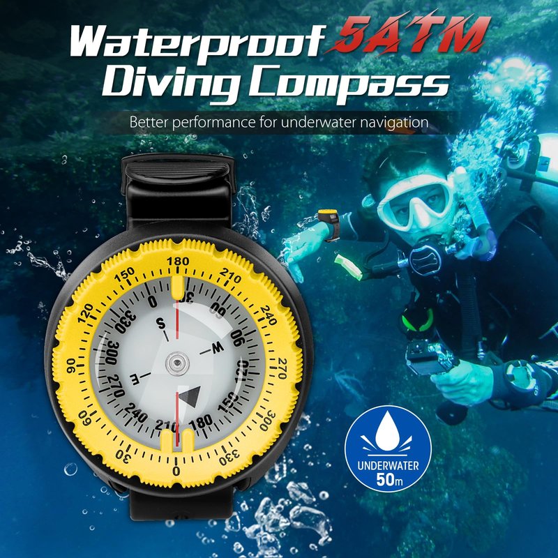 Scuba Compass, Professional Waterproof 5ATM Dive Wrist Compass with TPU Band for Outdoor Sports Diving, Sailing, Hiking, Survival Emergency (Yellow)