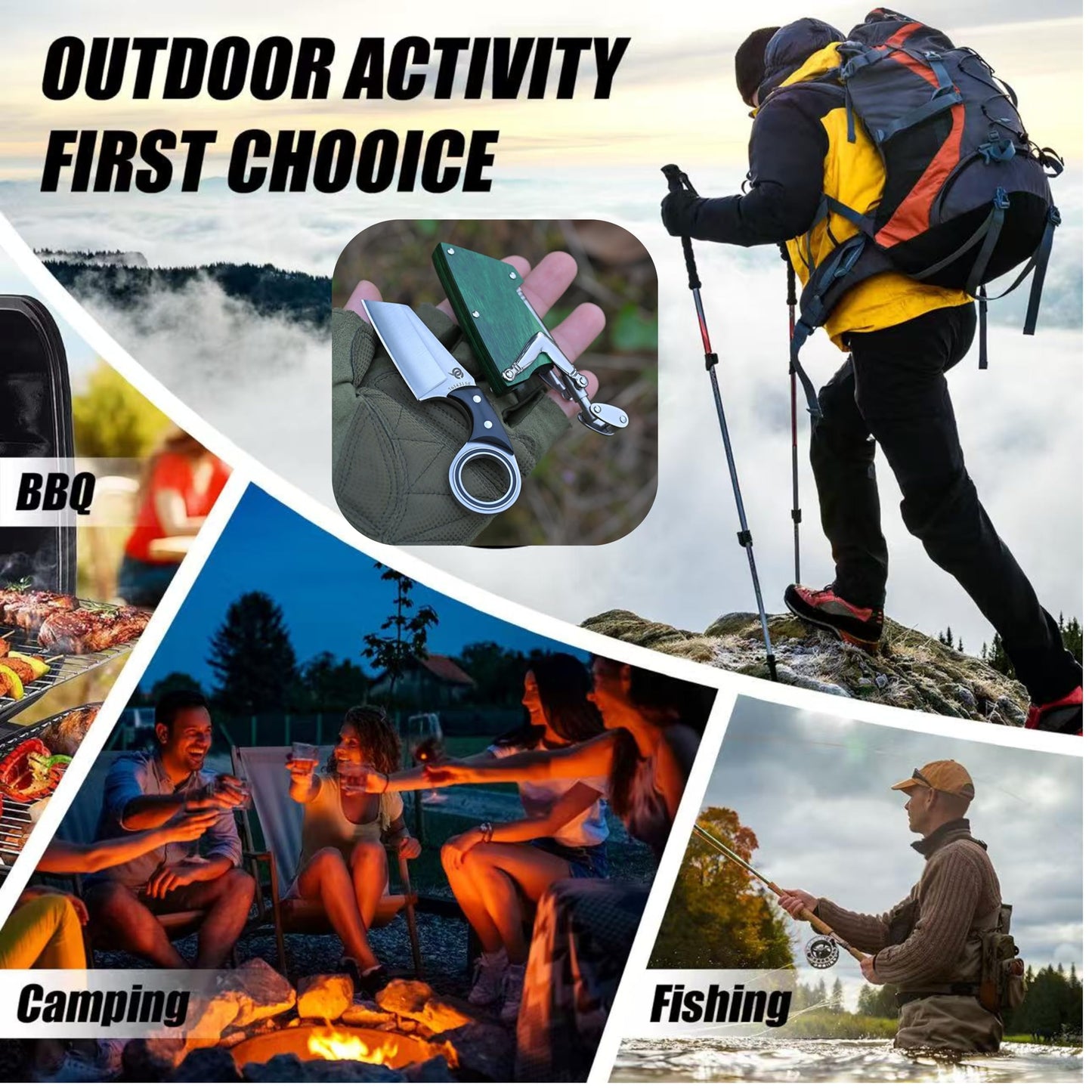 LEASUR Small Pocket Knife with Mechanical Arm and Wooden Sheath, Fixed Blade Knife For Keychain, Box Cutter, Fishing, Camping Tactical Knives, Cool Gadgets for Men (Green)