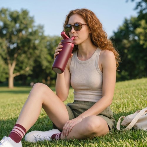 Fijinhom Insulated Water Bottle - 18 oz Stainless Steel with 2-in-1 Straw & Push-Button Lid | Red, BPA-Free