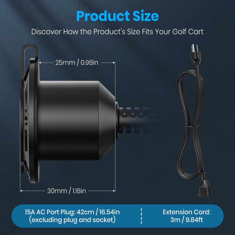 125V 15A AC Port Plug (with 42cm/16.54in Integrated Extension Cord and Water-Resistant Cap) & Power Extension Cord (3m/9.84ft), Power Inlet Socket Electrical Outlet Receptacle for Golf Cart