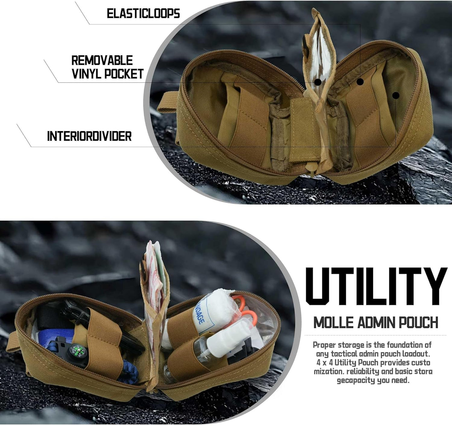 Upgrade Tactical Molle Admin Pouch - Laser Cut Design with Flag, 4x4 Inches, Interior Divider & Vinyl Pocket