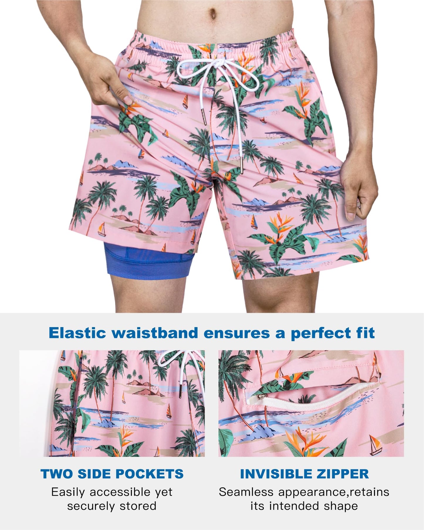 SURF CUZ Mens Swim Trunks with Compression Liner Quick Dry Swim Shorts 7" Swimming Trunks Stretch Bathing Suit 7 Inch,Pink Blue Sea,M