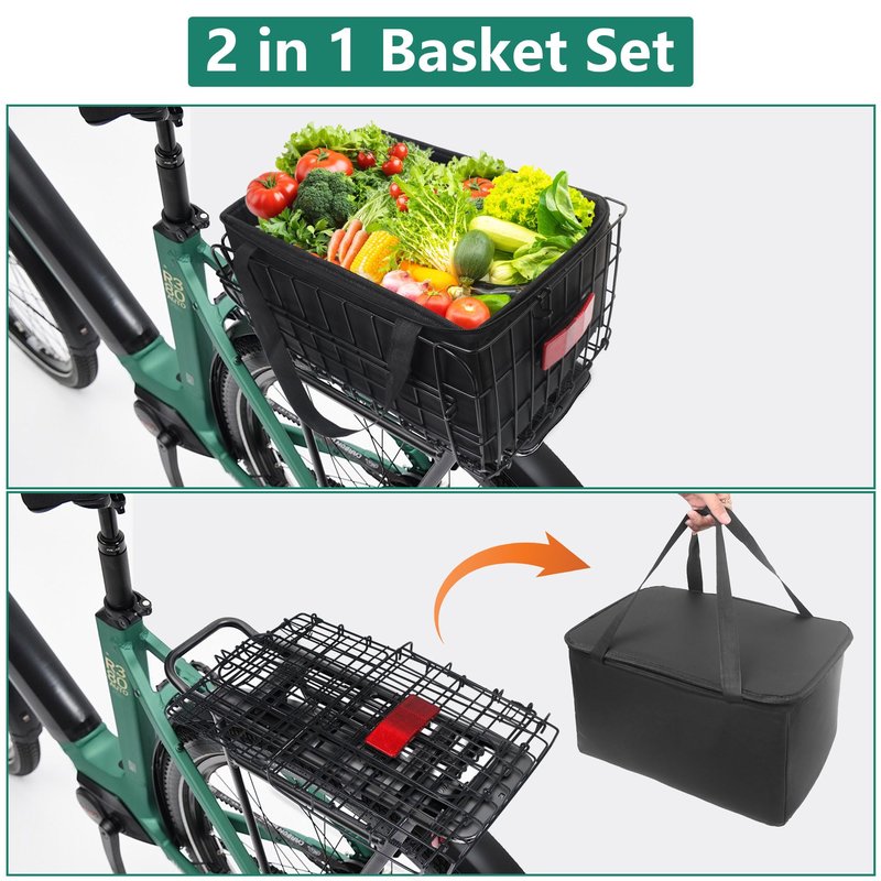 Folding Bike Basket Rear, Bike Rear Rack with PU Waterproof Liner Bag and Net Cover, Bicycle Baskets for Adult/Kids Bikes, Panniers Bike Bags of Bicycle Accessories
