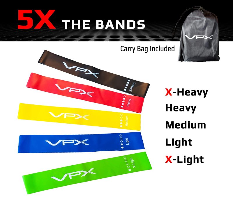 VPX Resistance Loop Exercise Bands | Set of 5 | Men & Women | Nonchaffing, Natural Latex, Nonirritating | Workout Accessories Equipment Squat, Glute, Calf, Booty, Legs, Abs, Stretching, Plyo, Lifting