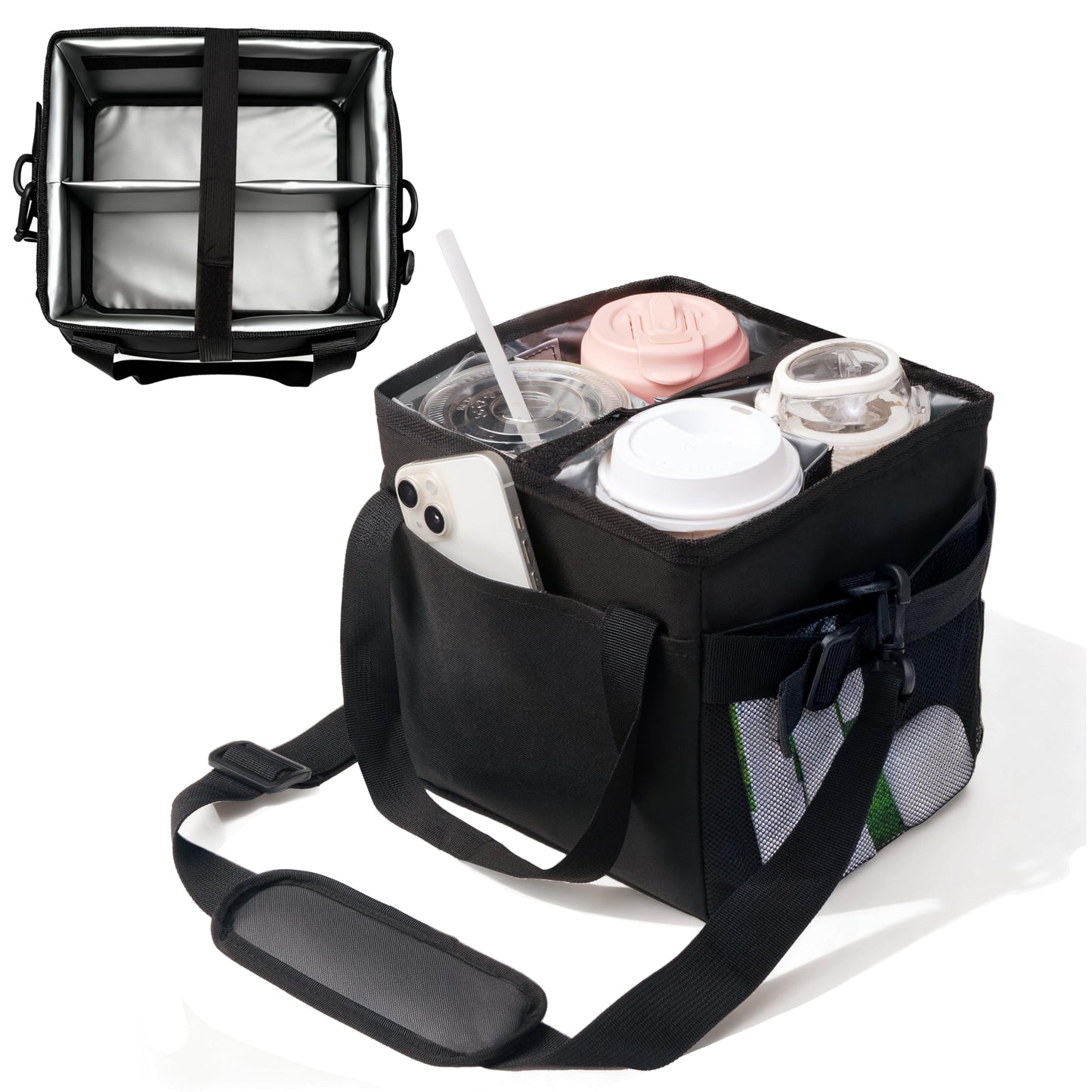 Water Bottle Bag-Water Bottle Holder with Strap, Reusable 4 Drink Carrier Caddy with Adjustable Dividers,Fits Full Size Tumblers And Cup, Multiple Bottle Organizer for Car & Outdoors