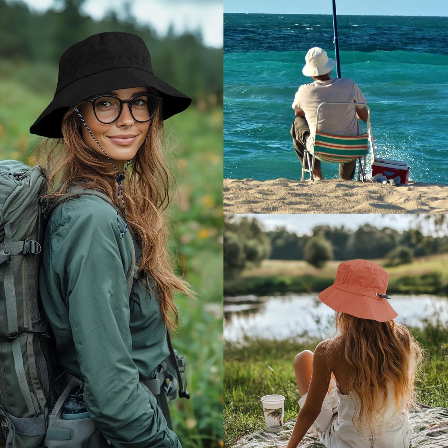 PFFY Quick Dry Waterproof Bucket Hat - Packable Outdoor Sun Hat for Men & Women with Detachable Chin Strap