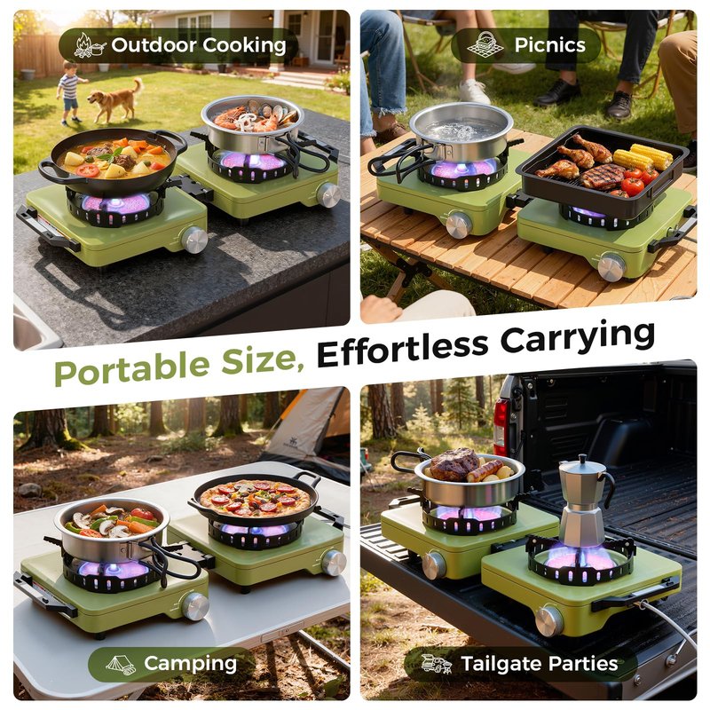 MoKo Propane Camping Stove 2 Burner, 36,000 BTU Infrared & Open Flame Hybrid, Windproof Folding Portable Outdoor Gas Cooking Kit with Frying Pan & Carry Bag For RV, Tailgating, Survival, Green