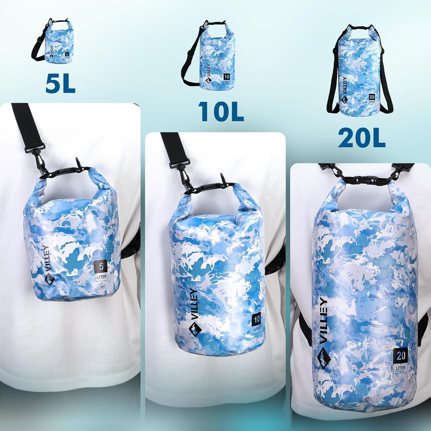 VILLEY Waterproof Dry Bag - 10L Roll Top Backpack for Kayaking, Camping & Beach - Blue Camo